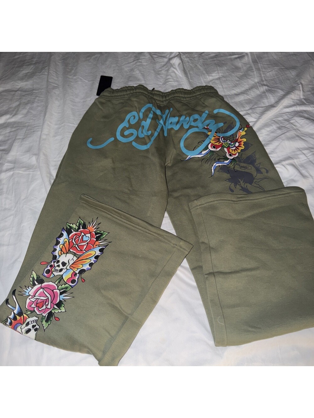Ed Hardy Butterfly Women’s Green Fleece Sweatpants Drawstring Elastic Waist M